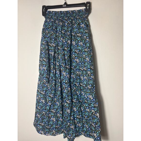 Buru Navy Blue Floral Smocked Waist Midi Skirt Sz xs - Picture 1 of 3